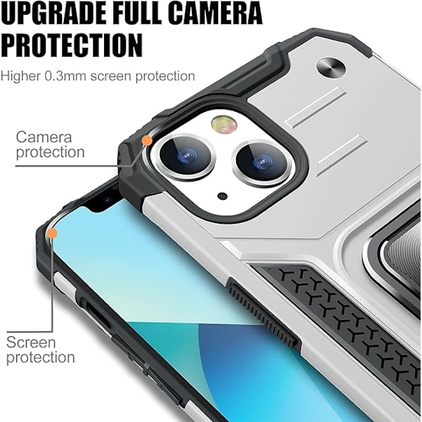 Ultratunn mjuk stötdämpande skydd för iPhone 13, kraftigt skydd och ringformat stödskydd (Silver)