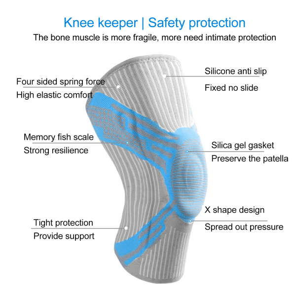 1 par knebeskydd Sports knestøtte Nylon strikking Silikon fjær knebeskytter Støtte Blå for basketball løping L