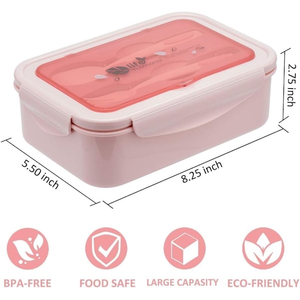 Eväsrasia aikuisille ja lapsille - 3 lokeroa, BPA-vapaa, mikroaaltouunin/astianpesukoneen kestävä aterinsetillä - kannettava On-The-Go-ateria-astia pink