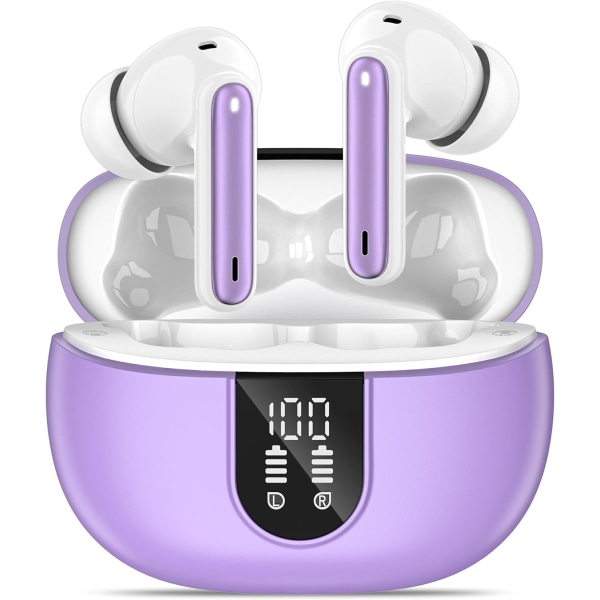 Trådløse ørepropper, Bluetooth 5.3 hodetelefoner 40 timer spilletid dyp bass stereo, LED-strømindikator, støydempende hodetelefoner med mikrofon, IP7 vanntett Purple