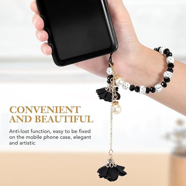 Mobiltelefonremmar Kreativa Kristallblomma Hänge Telefon Charm Halkfri Telefon Lanyard handledsrem för dekoration Black