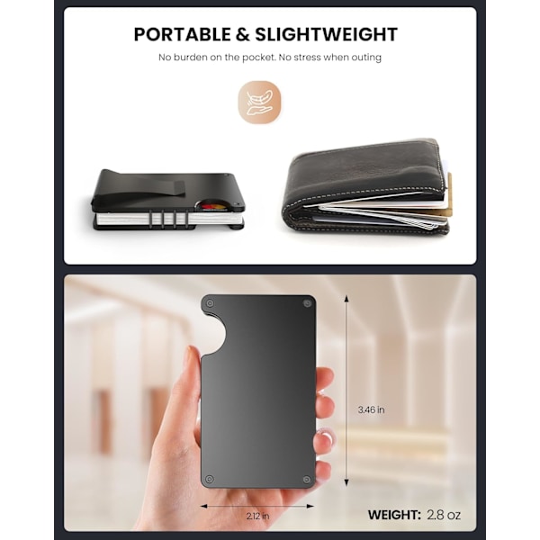 Korthållare Slim Plånbok för Män, Minimalistisk Plånbok med Pengaclip, RFID-Blockerande Ultra-Tunna Metallplånbok, Rymmer upp till 15 Kort med Avtagbar Pengaclip