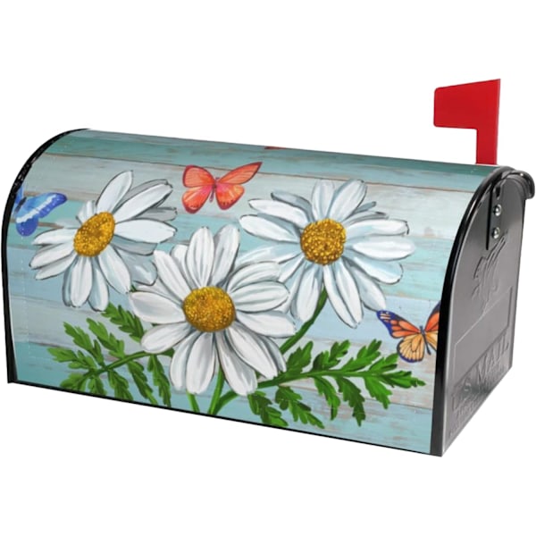 Daisy & Butterfly Magnetiskt Brevlådeöverdrag, Rustik Trädesign, Vår - Sommar Blommig Dekor för Trädgård, 18\"x21\" Standardstorlek Daisy Flowers