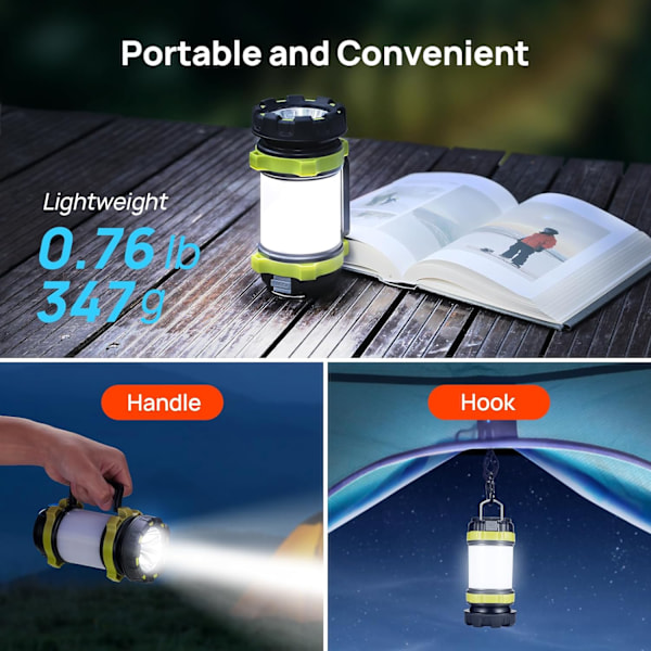 Consciot Ladattava LED-retkilyhty taskulamppu (1 kpl) - 6 tilaa 3600 mAh varavirtalähde IPX4 vedenpitävä USB - C hätätilanteisiin ja Light Green