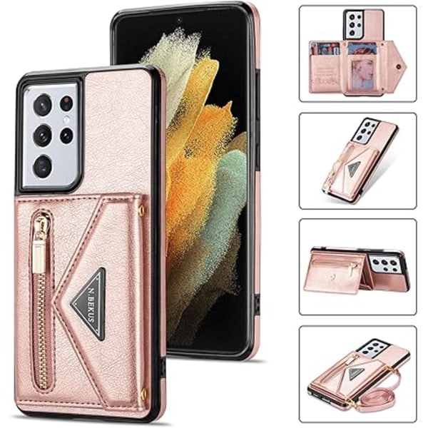 PU-nahkakukkaro Samsung Galaxy S22 Ultra 5G -puhelimelle, crossbody-kotelo luottokorttipidikkeellä 6,8'', naisten tyttöjen vetoketjullinen lompakko ja jalusta