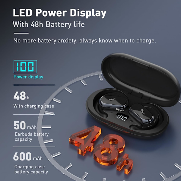 Åpne øre-hodetelefoner og ørepropper, åpen øre-design, langvarig batteri (48 timer), LED-skjerm, Bluetooth 5.3, Hi-Fidelity-lyd, ørekroker, svettebestandig Obsidian Black