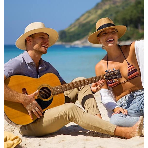 Bred Dame Herre Bredskygget Halm Panama Hat Fedora Sommer Strand Solhat UPF Halm Hat til Kvinder Khaki