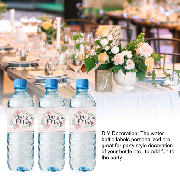 25 stk vannflaskeklistremerker MR og MRS Stripes Rosa blomster Vanntette Lyse dekorative festflaskeetiketter til bryllup