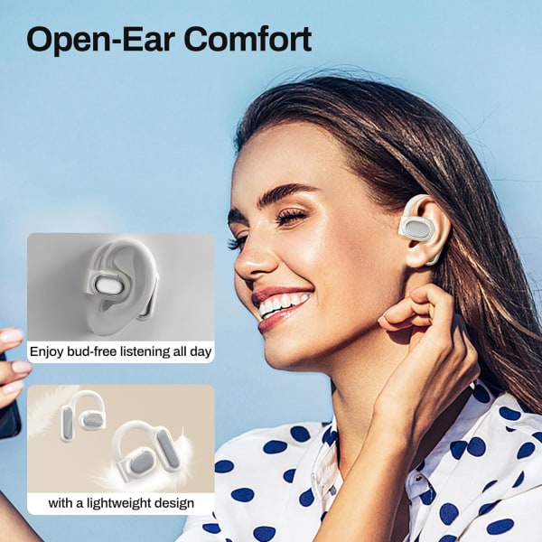 Åpne øre-hodetelefoner Bluetooth 5.3, True Wireless Open Ear Earbuds ENC Clear Talk med 16,2 mm dynamiske drivere 45 timer spilletid Trådløse ørepropper Langvarig White