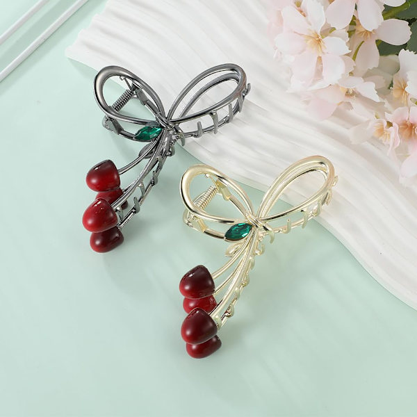 Hårklemme for kvinner og jenter, 2 stk. Kirsebær stor sklisikker sterk metall sommerfugl hårklemmer glitrende hold hårklemme Cherry-Red