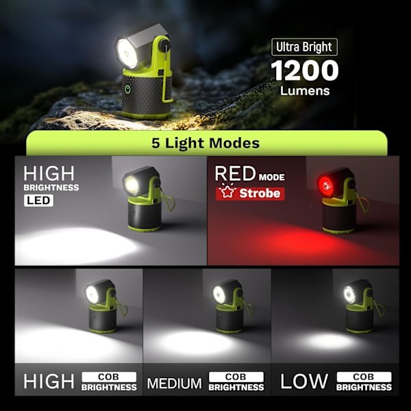 3000 Lumens Genopladelig LED Camping Lanterne - 180° Roterbar, 4000mAh Oplader & IPX4 Vandtæt til Nødsituationer Lime Green