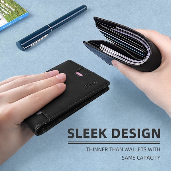 Herr-Plånbok-Smal-Läder-RFID-Blockerings Plånbok för Män Minimalistisk Bifold Kreditkortshållare med Presentask Classic Black