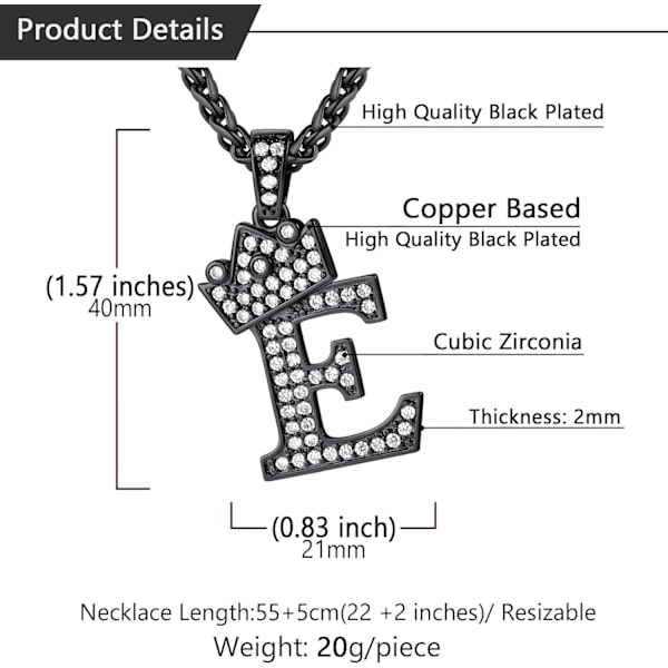 Krone Initial A-Z Halskjede, Iced Out Bokstavanheng med 22-24 Tommers Kjede, Menn Kvinner Bling Hip Hop Alfabet Navn Smykker Gave Store Initialer Halskjeder E Black