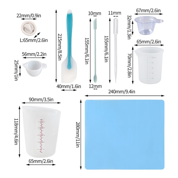 Silikon Målebeger Verktøysett Spatel Fingerhansker Pipetter Epoksyharpiks Blanding Verktøysett for Håndverk Verktøysett Blue 32pcs