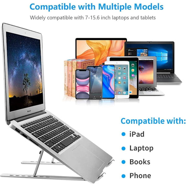 Ergonomiskt Justerbart Laptopställ för Bättre Hållning & Kylning, Vikbart & Portabelt, Passar De Flesta 10-15.6 Tums Laptops och Surfplattor, Per Silver