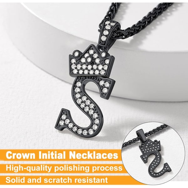Krone Initial A-Z Halskjede, Iced Out Bokstavanheng med 22-24 Tommers Kjede, Menn Kvinner Bling Hip Hop Alfabet Navn Smykker Gave Store Initialer Halskjeder S Black