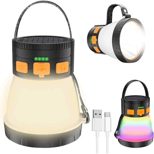 1500 lumenin LED-retkeilylyhty - aurinko- ja USB-ladattava 7500 mAh:n varavirtalähde, 8 tilaa, vedenpitävä ulkoiluun, hätätilanteisiin ja seikkailuihin Orange&Black