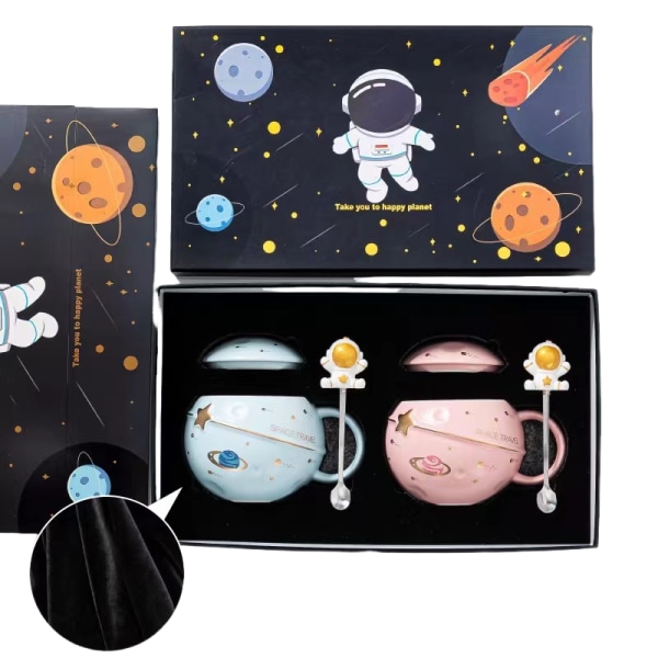 400 ml Astronaut Space Planet Mugg med lock och sked för kaffe, mjölk, presentfödelsedag för flicka pojke kvinnor， ljusblå+rosa(1)