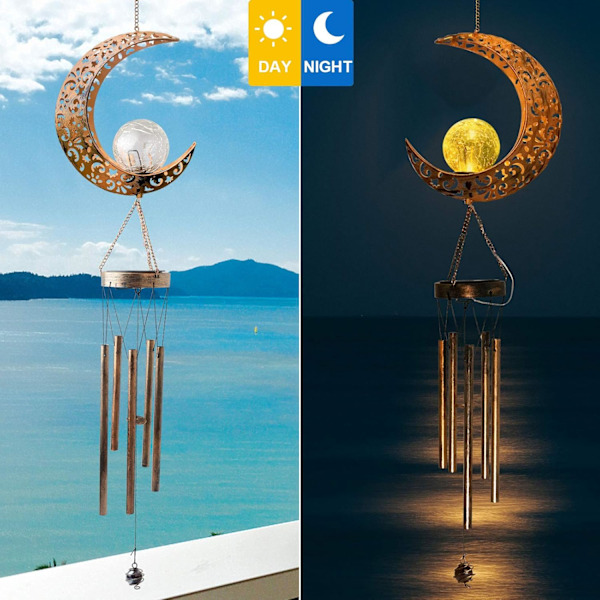 Måne Vindspel - LED Crackle Glaskula, Ihålig Måne Design i Metall, Utomhusdekor för Trädgård, Uteplats, Gård - Melodisk Vindklocka, Nig moon