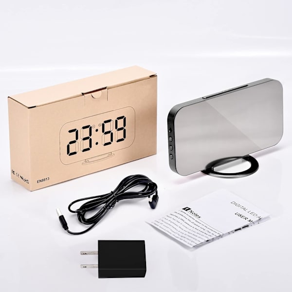 Digital väckarklocka, 6,6\\u201d LED-spegel elektriska väckarklockor för sovrum, digital klocka med 2 USB-portar, manuell/automatisk ljusstyrka, väckarklocka med Black