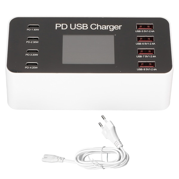 USB-ladestasjon 65W Hub 8 porter USB A USB C PD Rask multilading dokretsbeskyttelse 100‑240V for telefoner nettbrett EU-plugg