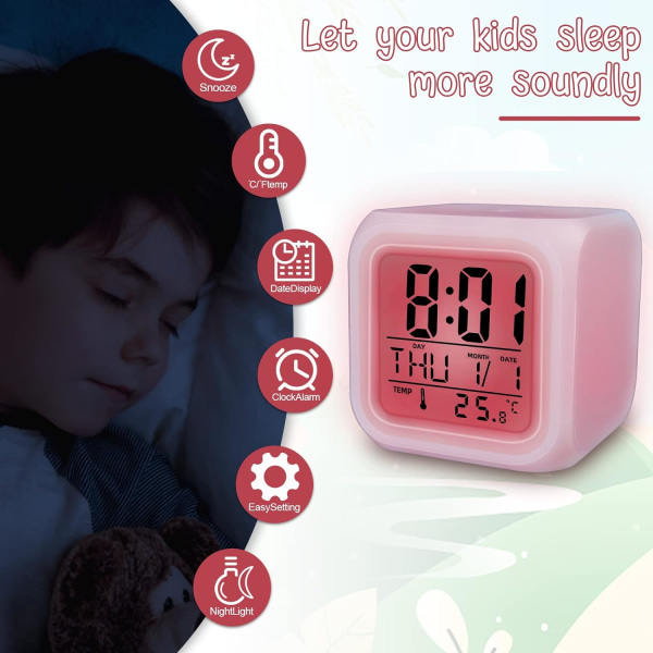 Barnväckarklocka LED digital väckarklocka med tid-datum-alarm 7 färger Nattljusklocka Vit
