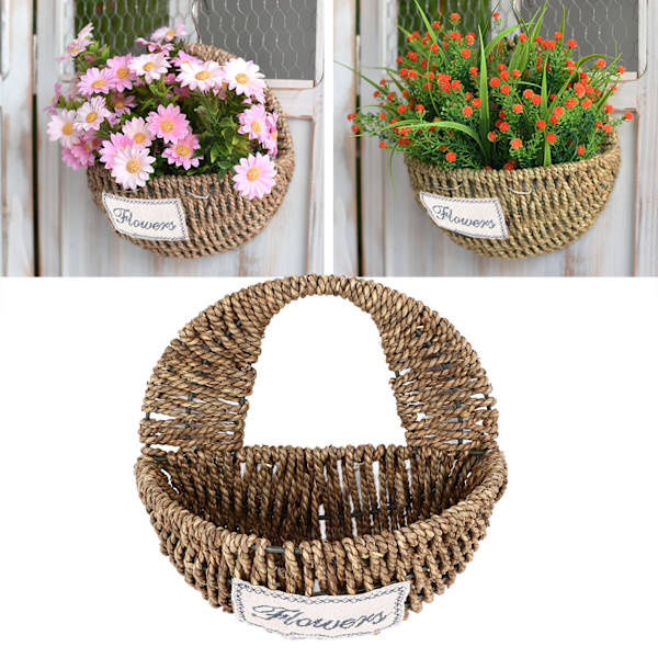 Flettet Blomsterkurv Rustik Retro Stil Brun Farve Dekorativ Multifunktionel Halmkurv til Kontor Fest Hjem Large