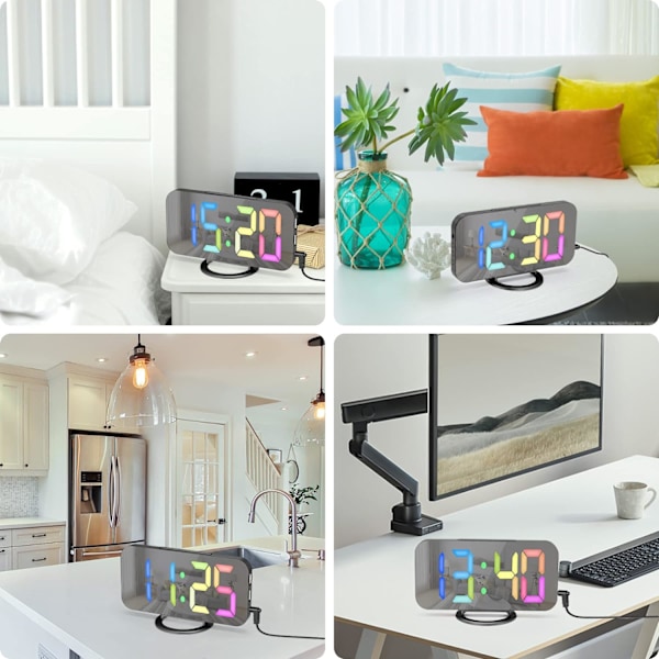 Digital väckarklocka, 6,6\\u201d LED-spegel elektriska väckarklockor för sovrum, digital klocka med 2 USB-portar, manuell/automatisk ljusstyrka, väckarklocka med Black
