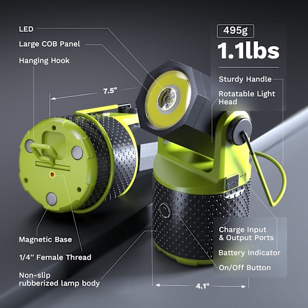 3000 Lumen Uppladdningsbar LED Campinglykta - 180° Roterbar, 4000mAh Laddare & IPX4 Vattentät för Nödsituationer Lime Green