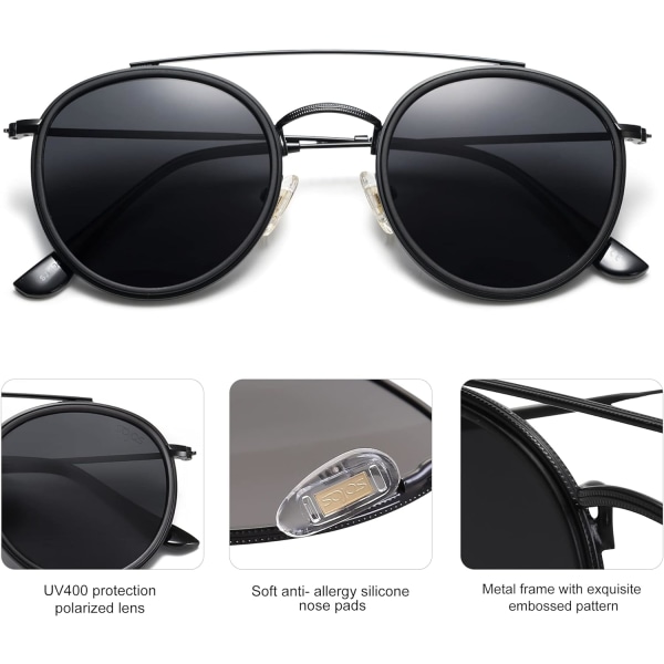 Retro pyöreät kaksoissiltaiset polarisoidut aurinkolasit naisille ja miehille Vintage Circle UV400 Sunnies SJ1104 Dark Black Grey
