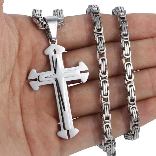 Kors Vedhæng Halskæde Mænd Drenge Rustfrit Stål Guld Sølv Byzantinsk Kæde 22 24 26 28 30inch 26inch Silver Tone