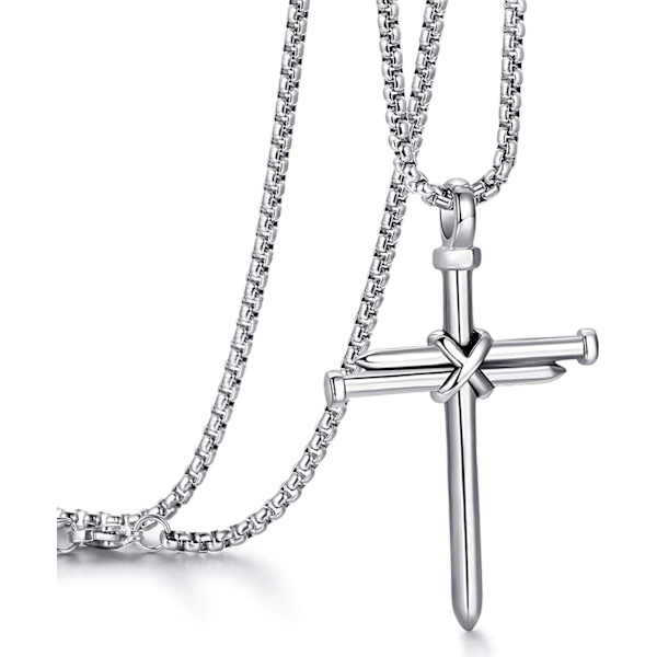 Korshalskjede for menn Korsanheng STYRKE Bibelvers Rustfritt stål Halskjede Nail Silver Cross