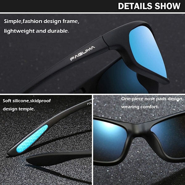 Polarisoidut urheiluaurinkolasit miehille pyöräilyyn, ajoon ja kalastukseen, 100 % UV-suoja Black Frame Blue