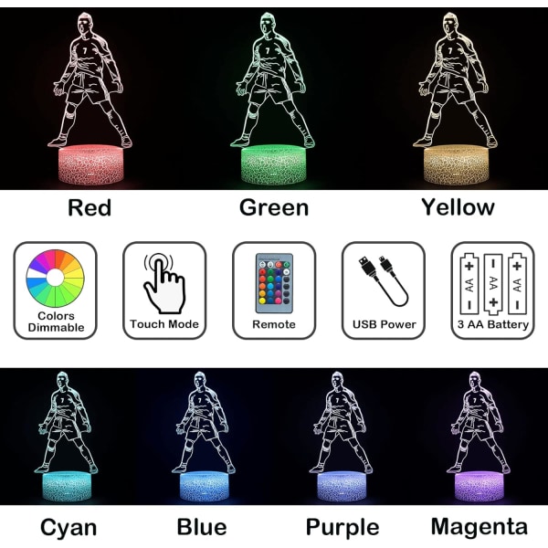 Portugal Fotballspiller Ronaldo #7 Nattlys for Gutter, 16 Fargeendring Dimbar med Fjernkontroll Rom Fotballdekor, Skrivebordslampe for Fotballfans Barn