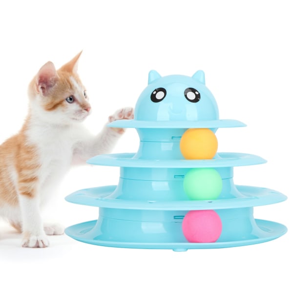Cat 3 nivåtårn med 3 rullende baller Anti-skli kjæledyr interaktive spor lekeleketøy (blå)