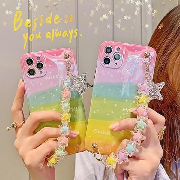 Gradient Regnbue Deksel Kompatibelt med iPhone 12 Pro Max Søt Kawaii 3D Krystall Fargerik Stjerne Håndstropp Design Myk TPU Beskyttende