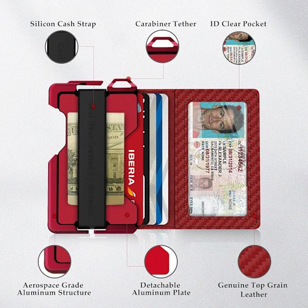 Taktisk minimalistisk plånbok för män, smal RFID-blockerande metallkortfodral, främre ficka Menu2019s läder Dapper Bifold-plånbok med pennsklämma Carbon Fiber Red