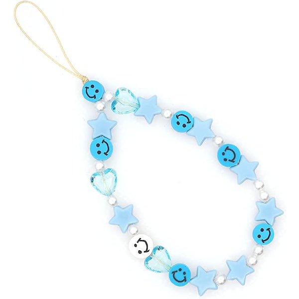 Pärltelefon handledsrem armband smiley ansikte pärlor handgjorda färgglada polymerlera akryl pärlor pärla telefon charm rem för kvinnor Grils Blue