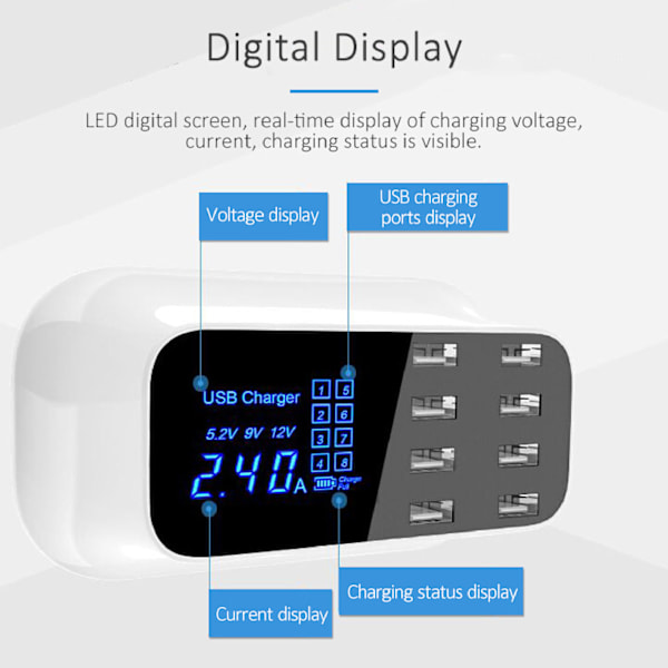 8-porttinen USB-latausasema, nopea latausportti, USB-latausasema LED-näytöllä useille laitteille, älypuhelimille, tableteille, 100-240 V, EU-pistoke