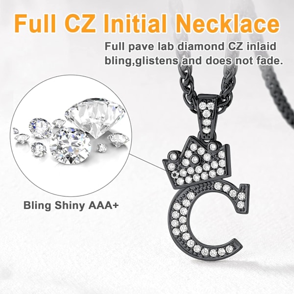 Krone Initial A-Z Halskjede, Iced Out Bokstavanheng med 22-24 Tommers Kjede, Menn Kvinner Bling Hip Hop Alfabet Navn Smykker Gave Store Initialer Halskjeder C Black