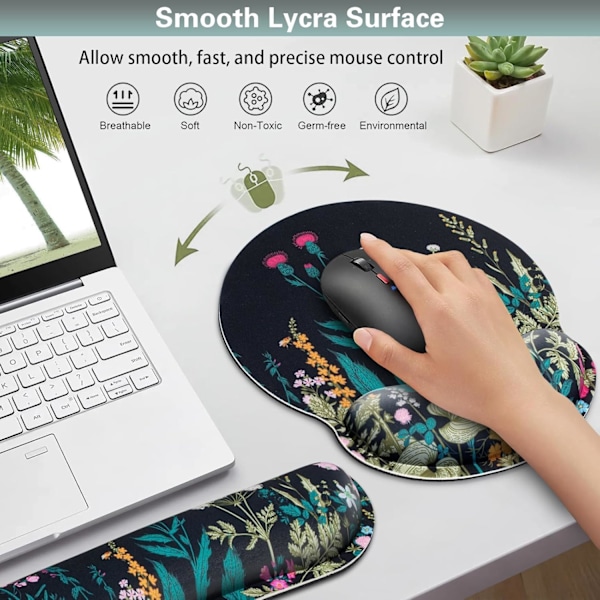 3-i-1 Ergonomisk musmatta med handledsstöd, halkfri spelyta & tangentbordsstöd, blommor & växter Flowers & Plants
