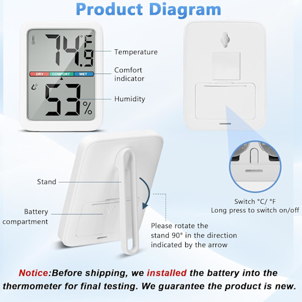 Digital Hygrometer Termometer med Stor LCD-Skärm - Hög Noggrannhet Inomhustemperatur & Luftfuktighetsmätare för Hem, Kontor, Växthus white1pcs