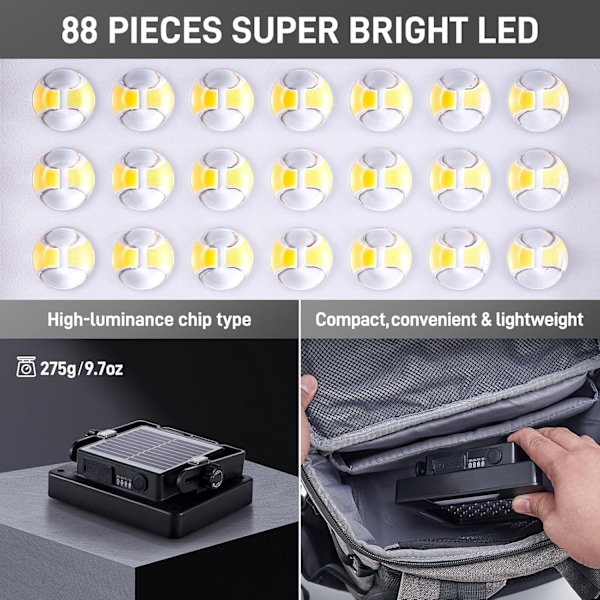2000LM Himmennettävät LED-aurinkoleirivalot - Magneettinen IP67 Vedenpitävä 5 tilaa ja jalusta sisä- ja ulkokäyttöön Black