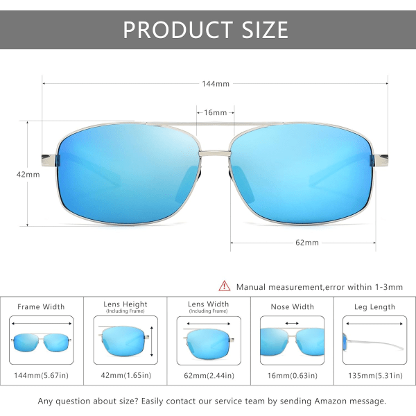 Ultra lette rektangulære polariserede solbriller UV400 beskyttelse Silver Frame Blue