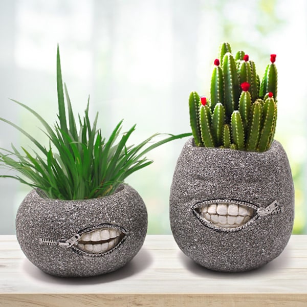 2 stk Blomsterpot Glidelås Tann Form Harpiks Dekorativ Praktisk Enkel Stil Ansikt Bonsai Potter for Balkong Skrivebord