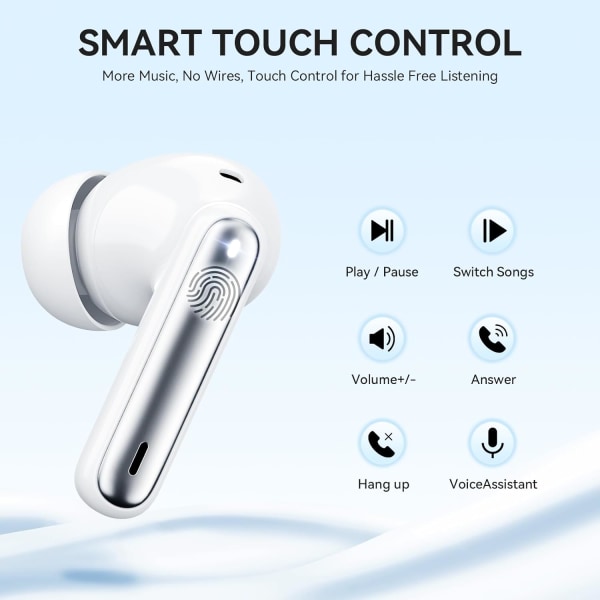 Langattomat nappikuulokkeet, Bluetooth 5.3 -kuulokkeet 40 tunnin toistoajalla, syvä basso, stereoääni, LED-virtanäyttö, puhelun melunvaimennuskuulokkeet mikrofonilla White
