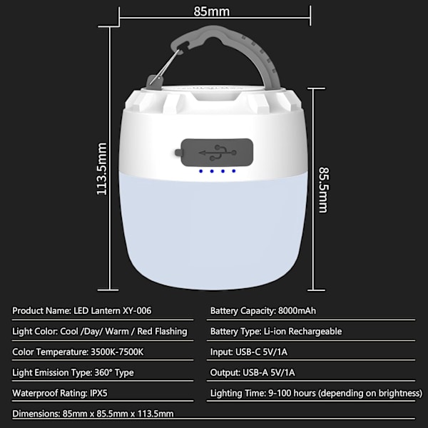 8000mAh Genopladelig LED Camping Lanterne - 4 Tilstande Dæmpbar Vandtæt 16H Driftstid & Hukommelsesfunktion til Nødsituationer Off-White