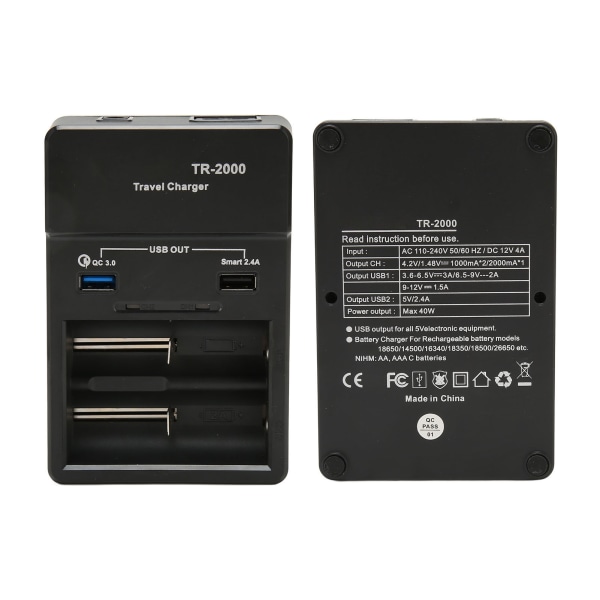 2-slot Smart 18650-oplader med USB QC3.0-udgang til 26650 18650 18350 17670 17500 16340 14500 AA AAA SC C-batteri 110-240V EU-stik