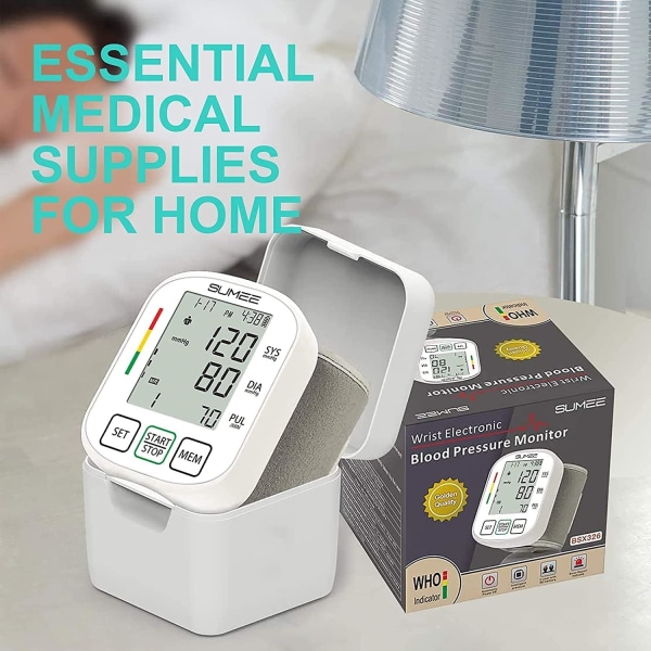 Håndledsblodtryksmonitor, nøjagtig automatisk digital blodtryksmåler, med uregelmæssig hjerterytmedetektor, 198 aflæsninger hukommelsesfunktion og stort LCD-display