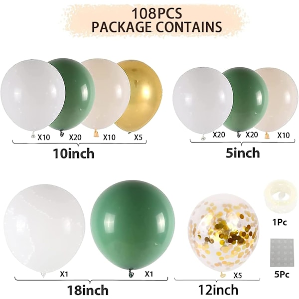 Salviagrön Ballongbåge Kit - 108 delar Grön och Vit Ballonggirlang med Beige Ballong Olivgrön och Guld Konfettiballonger för